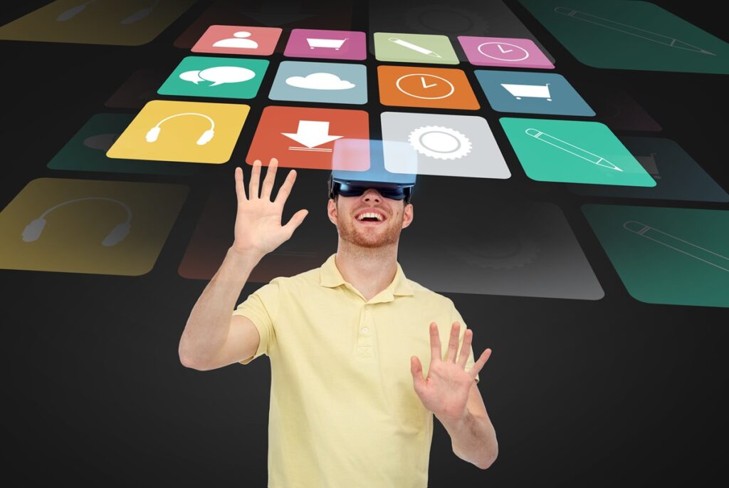 happy man in virtual reality headset or 3d glasses